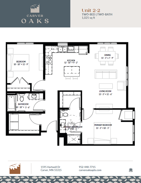 A floor plan for a two-bedroom, two-bathroom apartment at Carver Oaks.